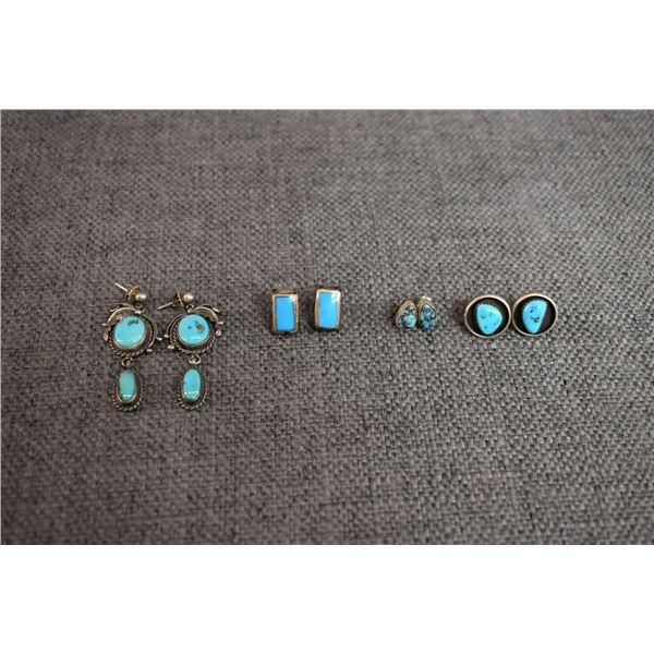 THREE PAIR OF NAVAJO INDIAN SILVER AND TURQUOISE EARRINGS