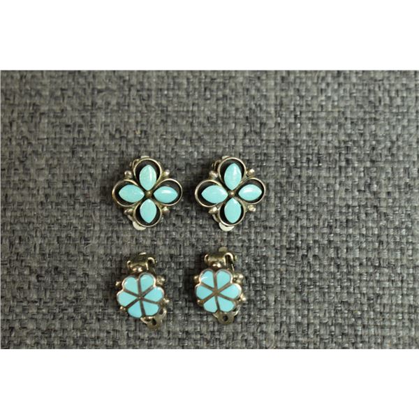 TWO PAIR NAVAJO INDIAN SILVER AND TURQUOISE EARRINGS