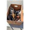 Image 2 : 2 BOXES OF SHOP SUPPLIES, AIR TOOL, TROUBLE LIGHT, BRASS FITTINGS, FLAP WHEELS, HARDWARE