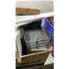 Image 8 : TOTE AND BOX OF POWER SUPPLIES, METAL, TOOLBOX, PAINT SPRAYER, WIRE TRAYS, WINDSHIELD SUN VISORS