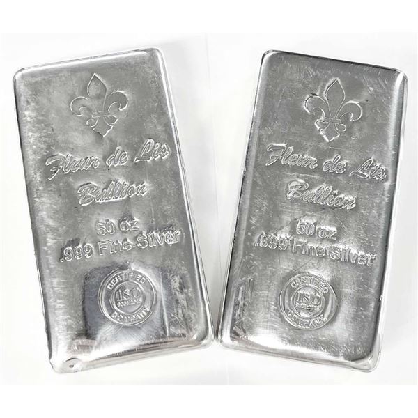 (2) 50 oz .999 Fine Silver Fleur De Lis Bullion Bars