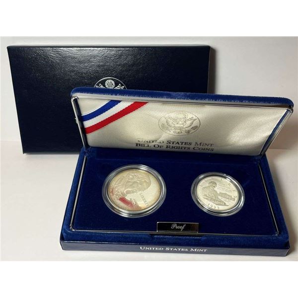 (2-coins) 1993-S Bill of Rights Proof Silver Commemorative Dollar/Half Dollar