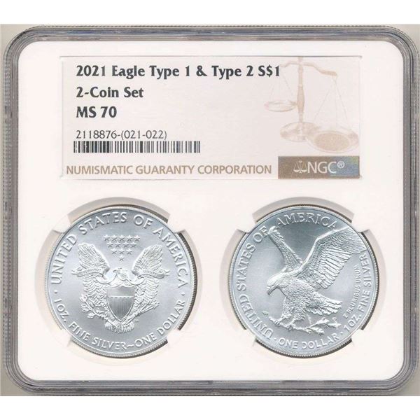 2021 American Silver Eagle Type 1 & 2 NGC MS70 (2-coin) Set