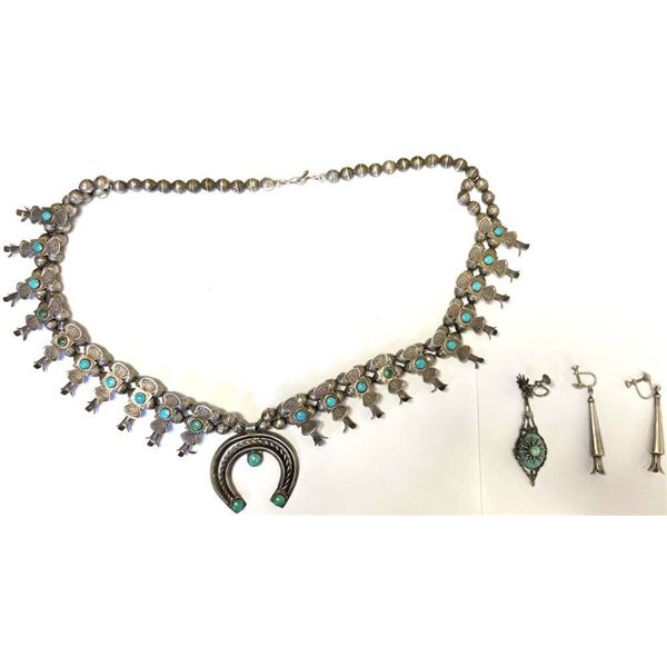 Vintage Sterling Silver Turquoise Necklace And Earrings