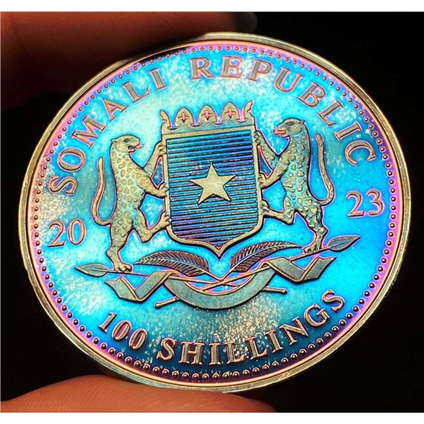 2023 Electric Blue Toning Somali Republic African Wildlife Elephant Proof 1 ozt .9999 Silver