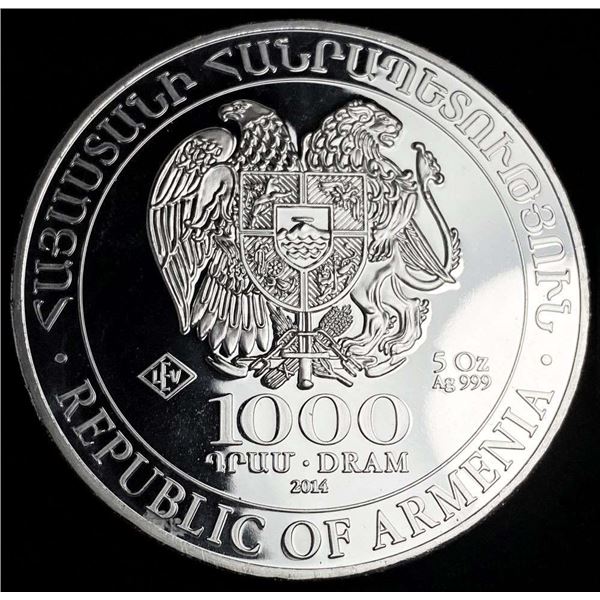 Rare 2014 Republic Of Armenia "Noah's Ark" Proof 5 ozt .999 Silver