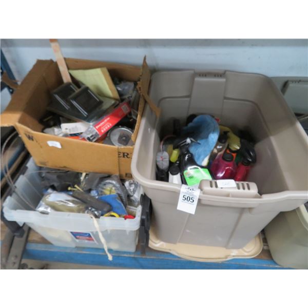 Tubs & Box Lot Car Cleaning Product, Hardware & More