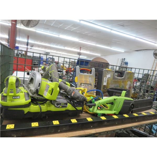 Shelf Lot of Ryobi Saw, Chargers/Saw Parts Bins