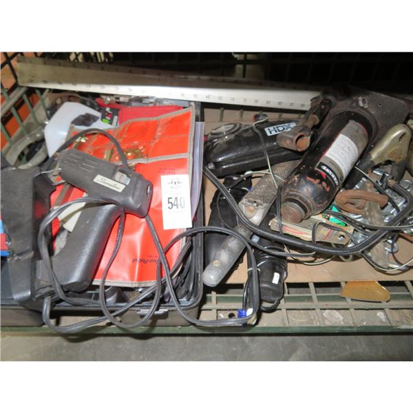 Shelf Lot w/Bottle Jack, Belt Sander, Chain & Asst. Tools