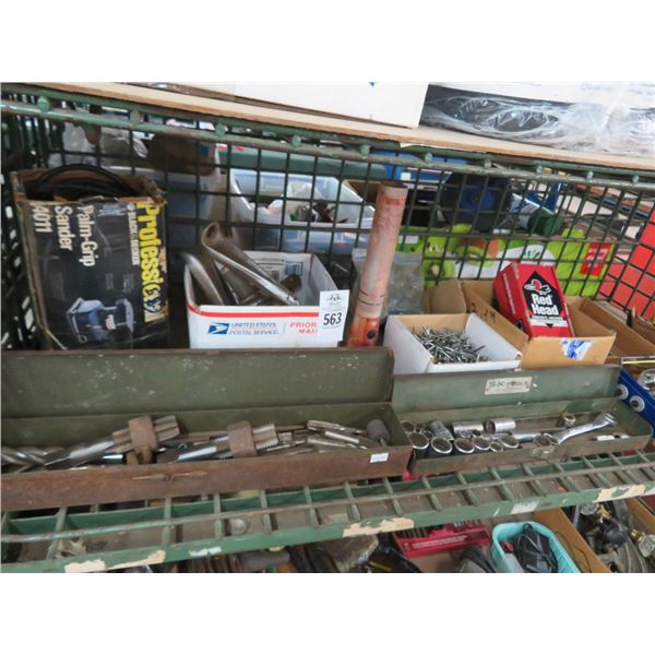 Shelf Lot of Asst. Tools, Hardware, B & D Palm Grip Sander