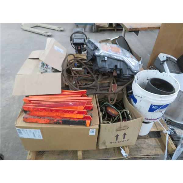 Pallet of Reflectors, Truck Headlight Kit, Clamps, Cords, Vises  Drill Press