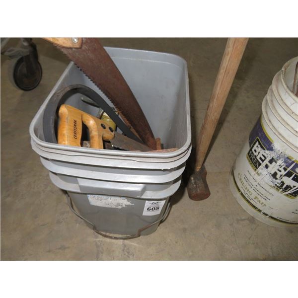 Buckets of Saws, Mallet, Screwdrivers & Hammers