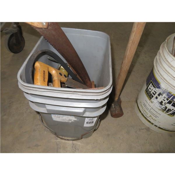 Buckets of Saws, Mallet, Screwdrivers & Hammers