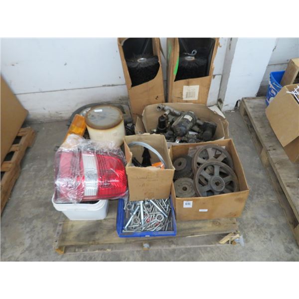 Pallet Lot of Wire Brushes, Pumps, Tire Gears, Bolts & Lights