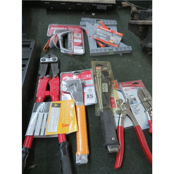 Lot of Pipe Crimper, Hammer Tackers, Stapler and Level Squares