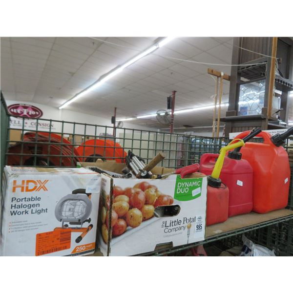 Shelf of Gas Cans (3), Portable Halogen Work Light, Hammer, Tripod