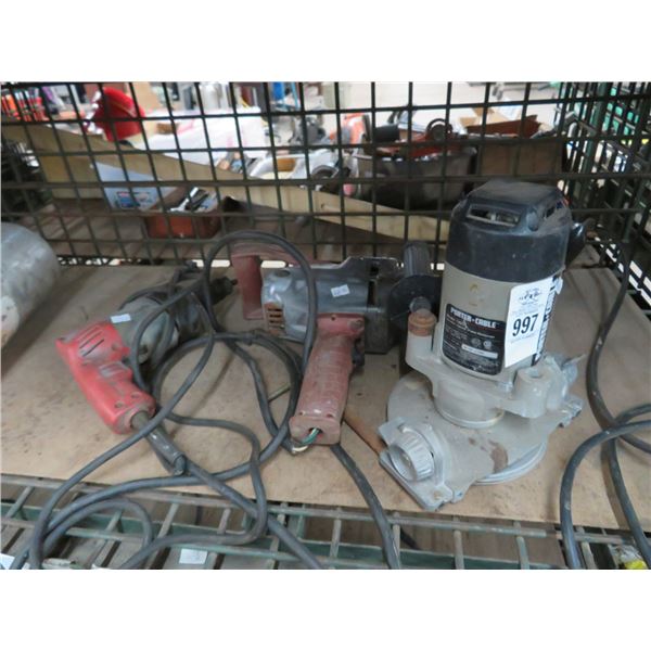 Shelf of Porter Cable Router, Drills, Tank and Filter