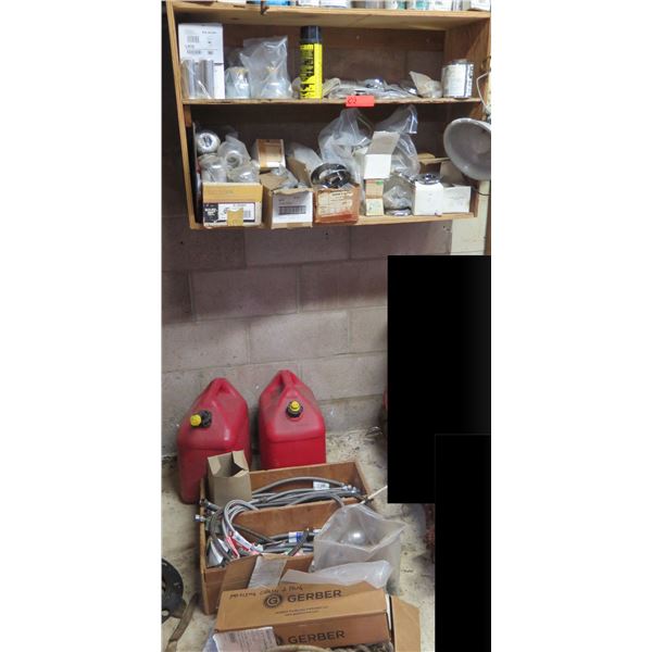 Contents of Shelf: Gas Cans, Fixtures, Fittings, Hose, Tools, Hardware, etc