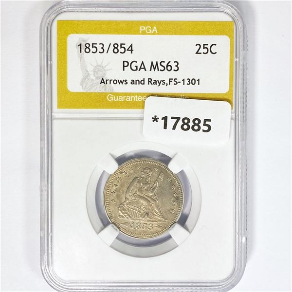 1853/854 Seated Liberty Quarter PGA MS63 Arrows &