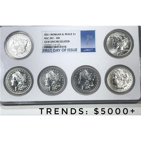 2021 Morgan & Peace Dollar 6 Coin NGC GEM UNC