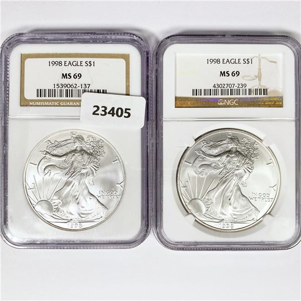 1998 Set (2) American Silver Eagles NGC MS69
