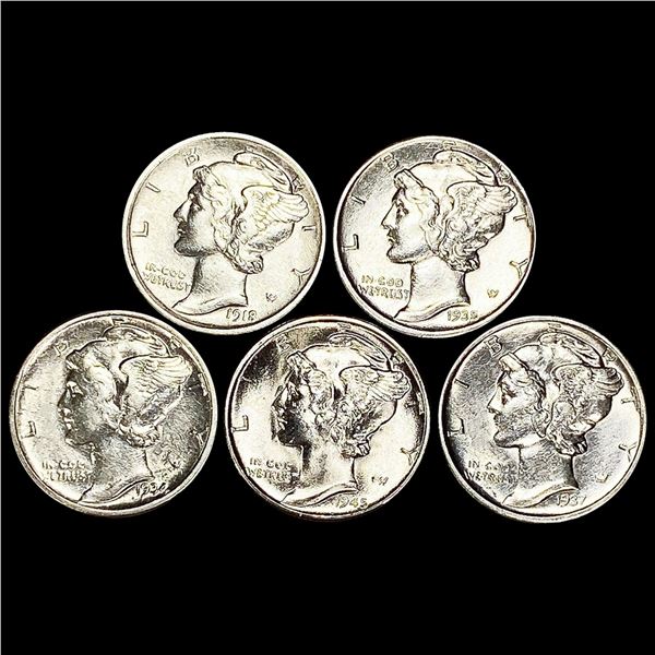 (5) Mercury Silver Dimes (1918, 1934-D, 1935, 19