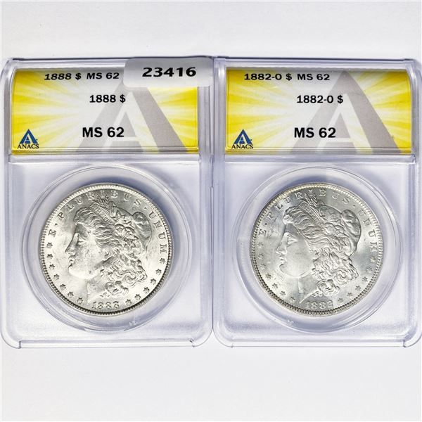 1888,1882-O Set (2) Morgan Dollars ANACS MS62