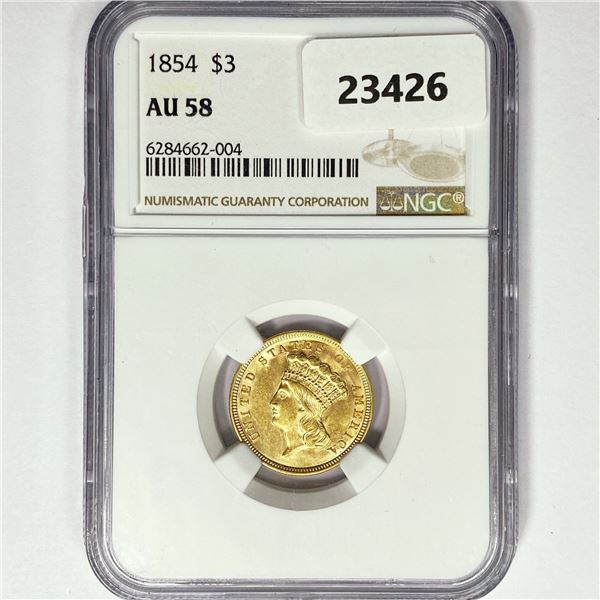 1854 $3 Gold Piece NGC AU58