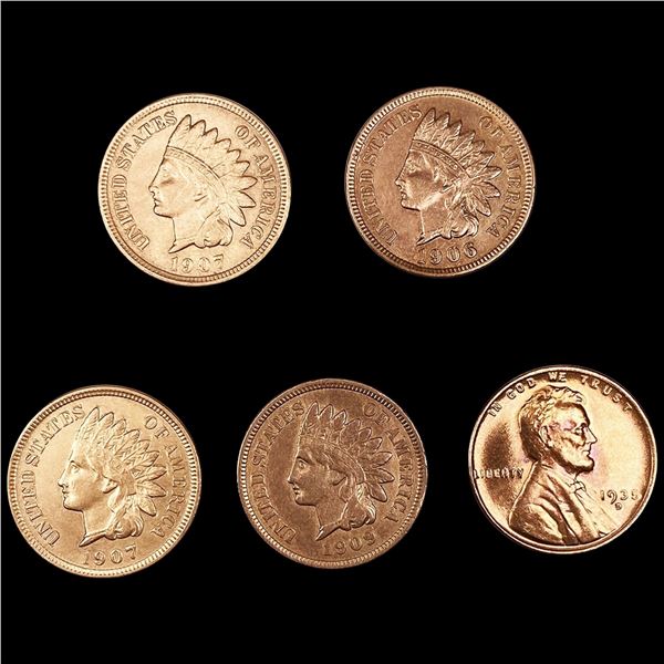 (5) Misc Cents (1906, (2) 1907, 1909, 1935-S) UNC