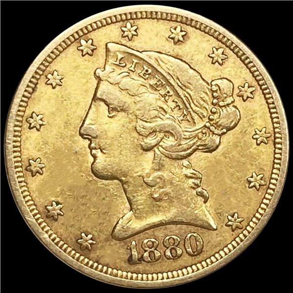 1880 $5 Gold Half Eagle ABOUT UNCIRCULATED