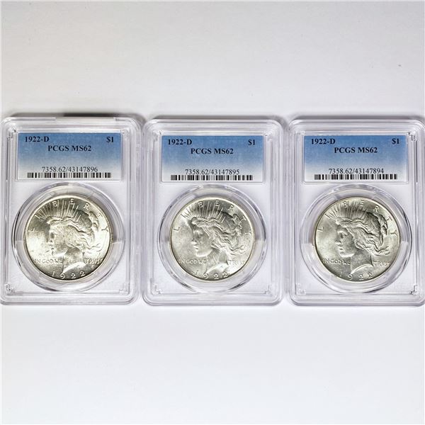 1922-D Set (3) Silver Peace Dollar PCGS MS62
