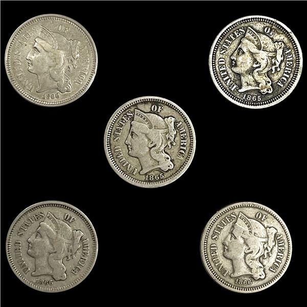 (5) Nickel 3 Cents ((2) 1865, (3) 1866) LIGHTLY C