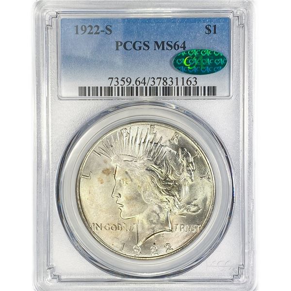 1922-S CAC Silver Peace Dollar PCGS MS64