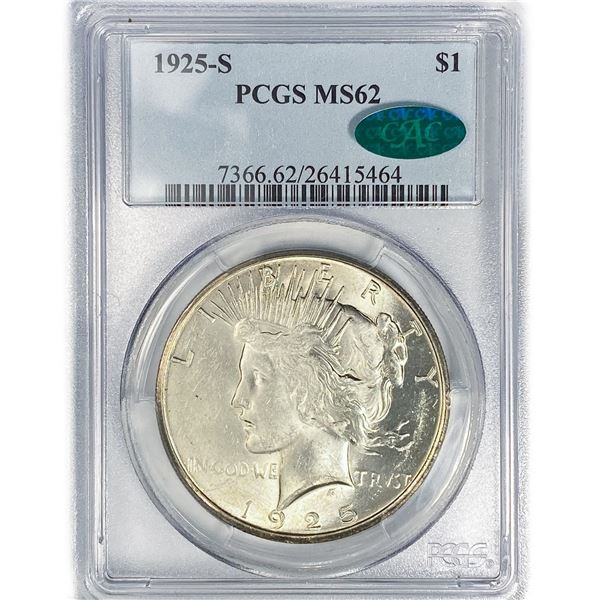 1925-S CAC Silver Peace Dollar PCGS MS62