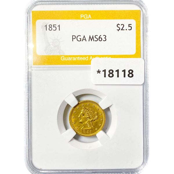 1851 $2.50 Gold Quarter Eagle PGA MS63