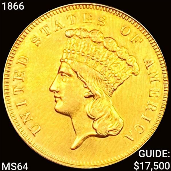 1866 $3 Gold Piece CHOICE BU