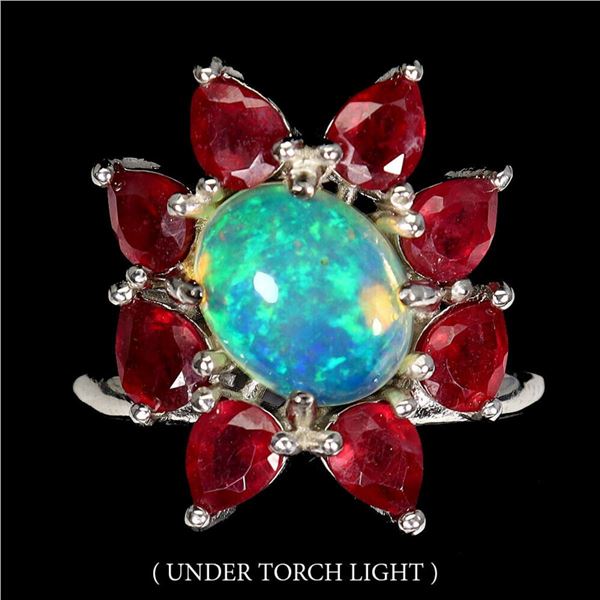 Natural Unheated Ethopian White Opal Ruby Ring