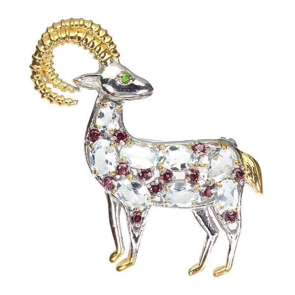 Natural Aquamarine & Rhodolite Garnet Goat Brooch