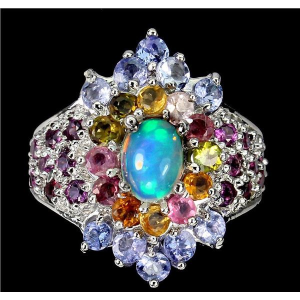 Natural Ethopian White Opal Tanzanite & Garnet Ring