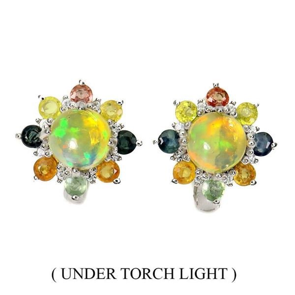 Natural Ethiopian White Opal, Sapphire & Topaz Earrings