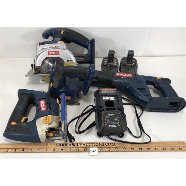 LOT OF 7 - RYOBI HAND SANDER, CHARGER W/BATTERIES, CIRCULAR SAW & ETC