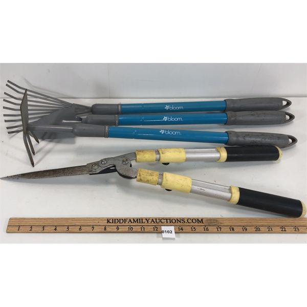 LOT OF 4 - BLOOM GARDENING TOOLS INCL SPADE & HEDGE TRIMMER