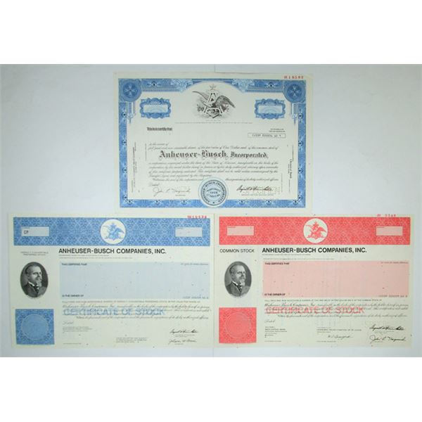 Anheuser-Busch, Inc., 1976-89, Specimen Stock Certificate Trio.