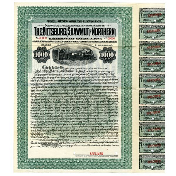 Pittsburg, Shawmut and Northern Railroad Co. 1910 Specimen Certificate of Indebtedness of the Receiv