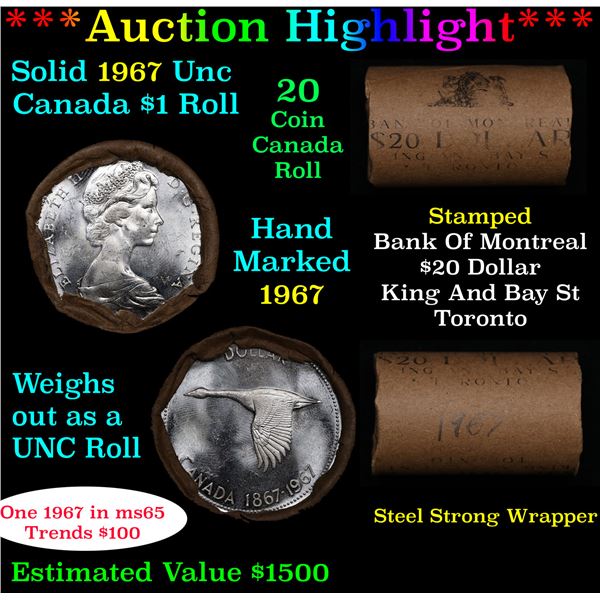 ***Auction Highlight*** Full Roll of Silver 1967 Canadian Dollar with Queen Elizabeth II, 20 Coins i
