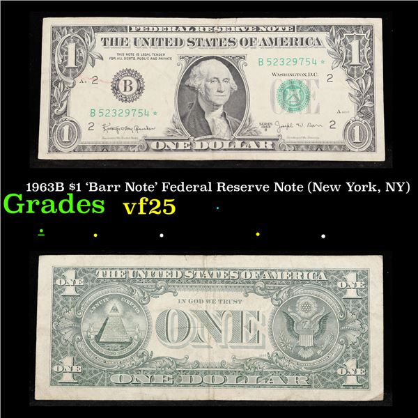 1963B $1 'Barr Note' Federal Reserve Note (New York, NY) Grades vf+