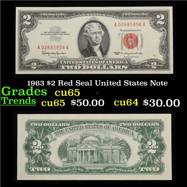 1963 $2 Red Seal United States Note Grades Gem CU
