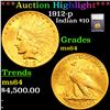 1912-p Gold Indian Eagle $10 Graded ms64 By SEGS