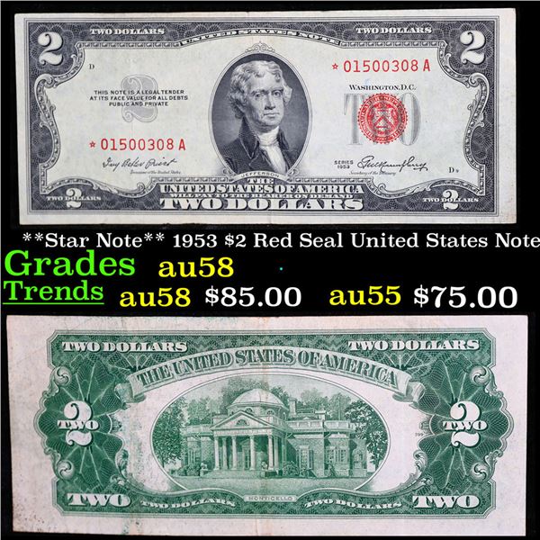 **Star Note** 1953 $2 Red Seal United States Note Grades Choice AU/BU Slider
