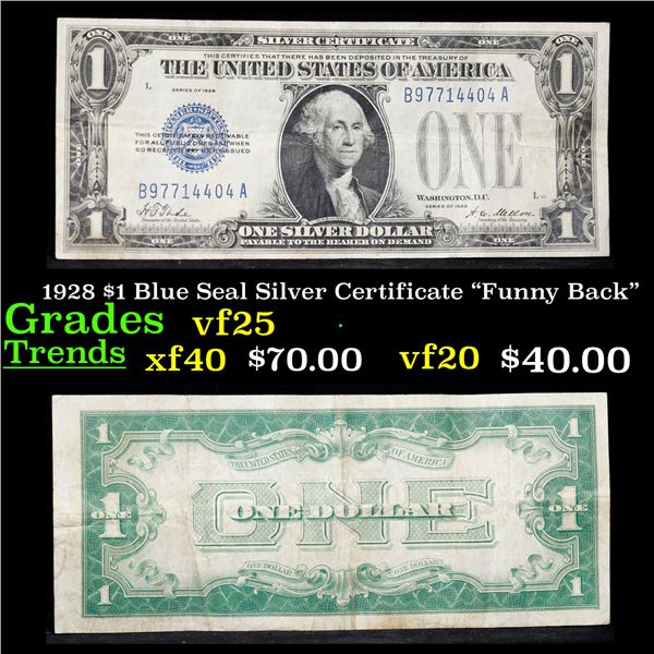 1928 $1 Blue Seal Silver Certificate "Funny Back" Grades vf+